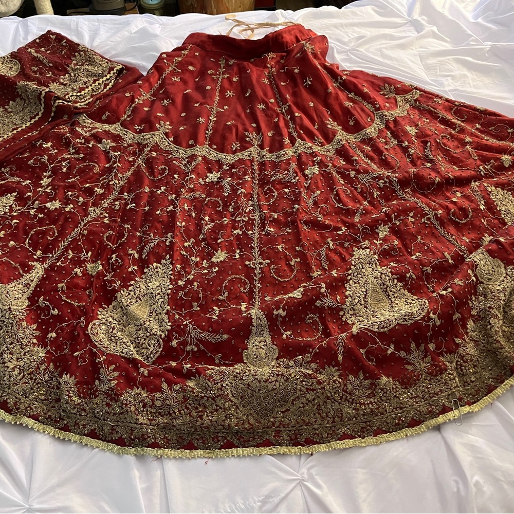 Antique Indian Wedding Dress in Red with Gold Metal Embroidery